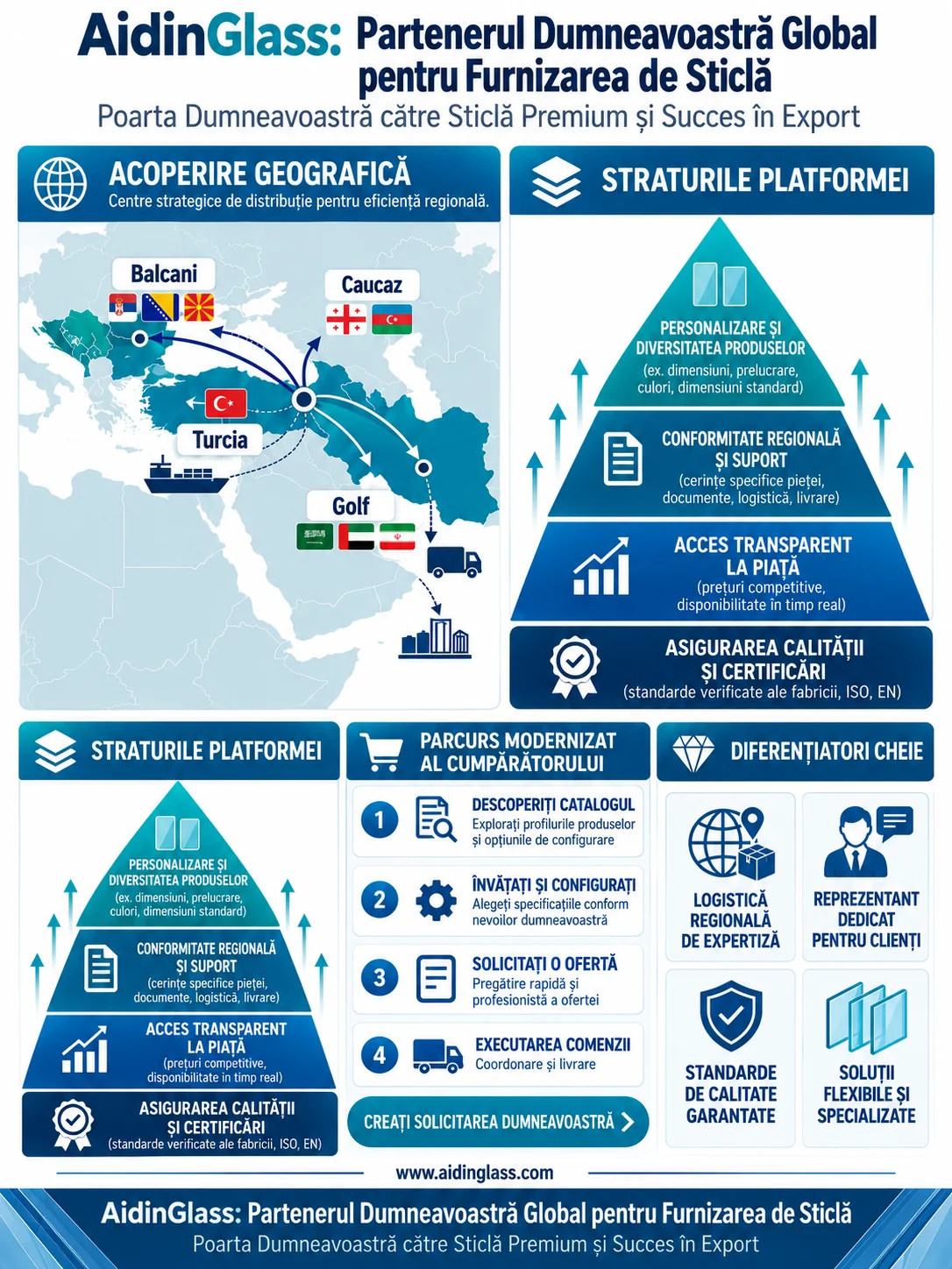 Infografic partener global de aprovizionare cu sticlă AidinGlass: rețea de export către Balcani, Turcia, Caucaz și Golf, straturi de platformă, certificări de calitate și etape de ofertare
