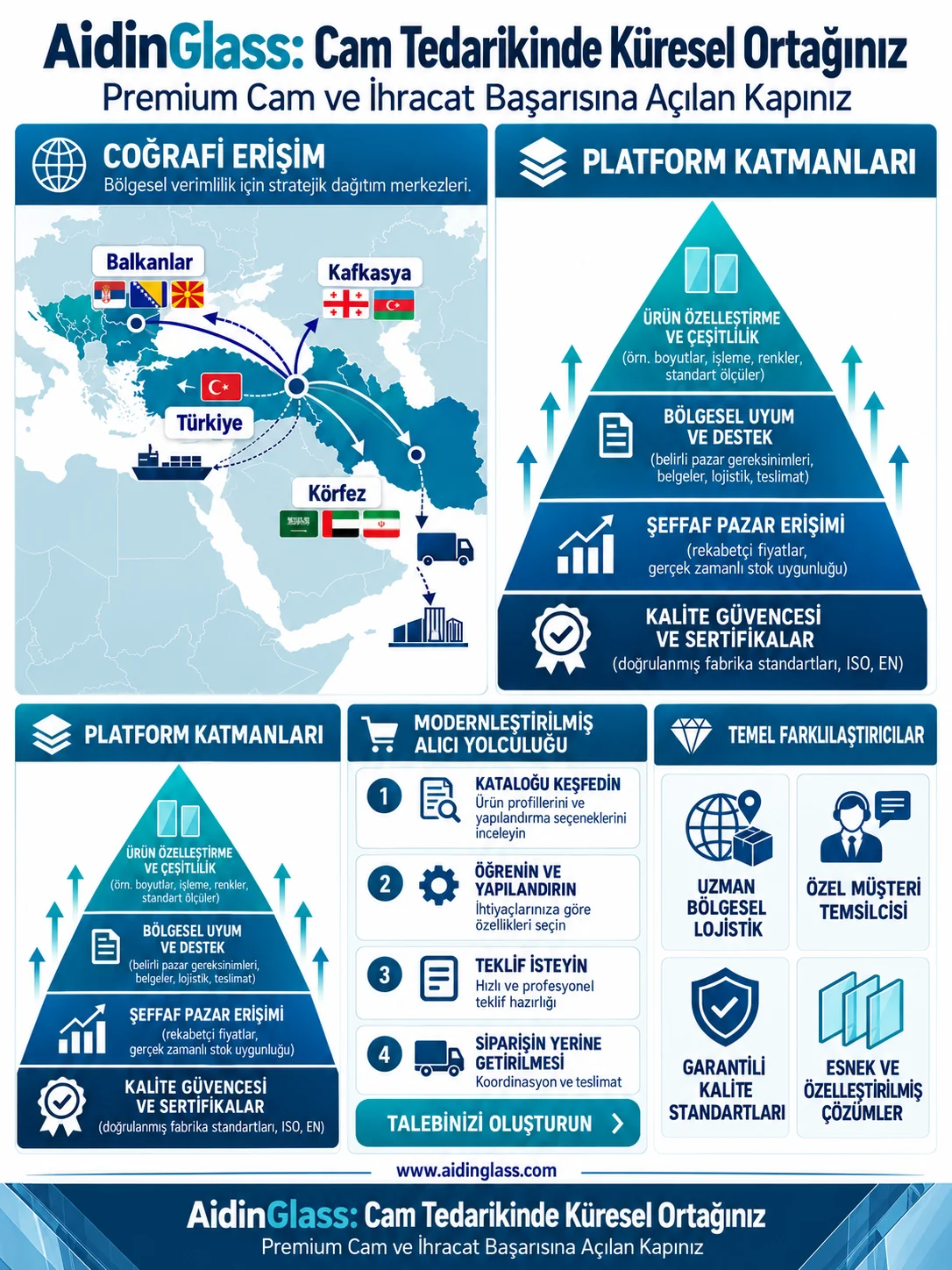AidinGlass cam tedarikinde küresel ortak infografiği: Balkanlar, Kafkasya, Türkiye ve Körfez ihracat ağı, platform katmanları, ISO sertifikaları ve sipariş süreci